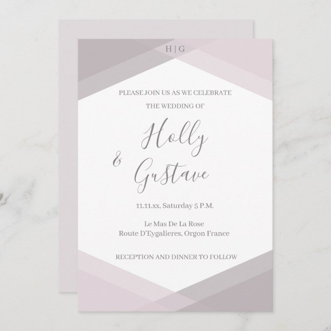 Pink Gray Geometric Monogram Modern Chic Wedding Invitation (Front/Back)