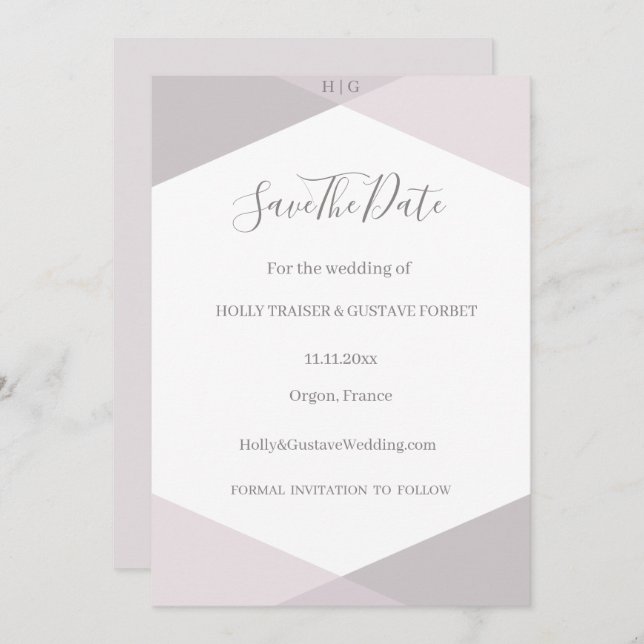 Pink Gray Geometric Monogram Save The Date Wedding Invitation (Front/Back)