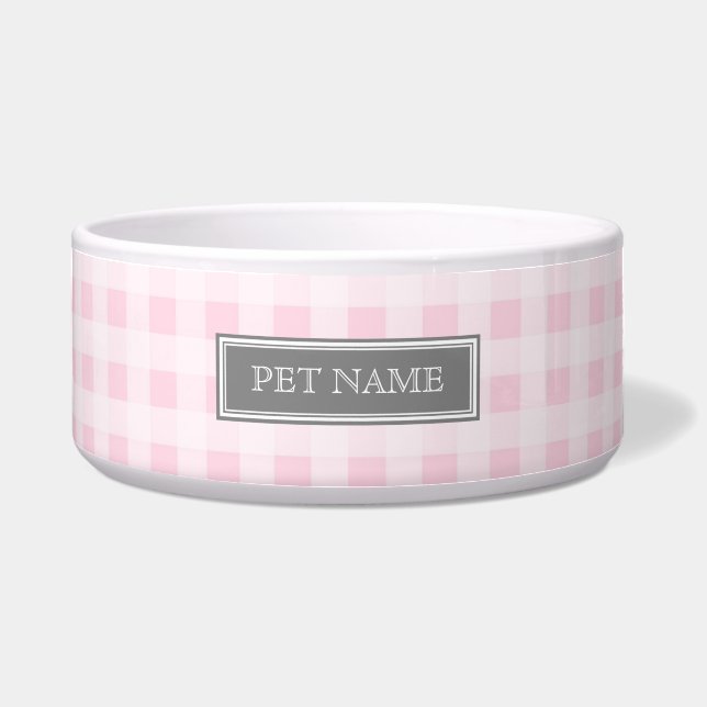 Pink Gray Gingham Custom Name Dog Bowl (Front)