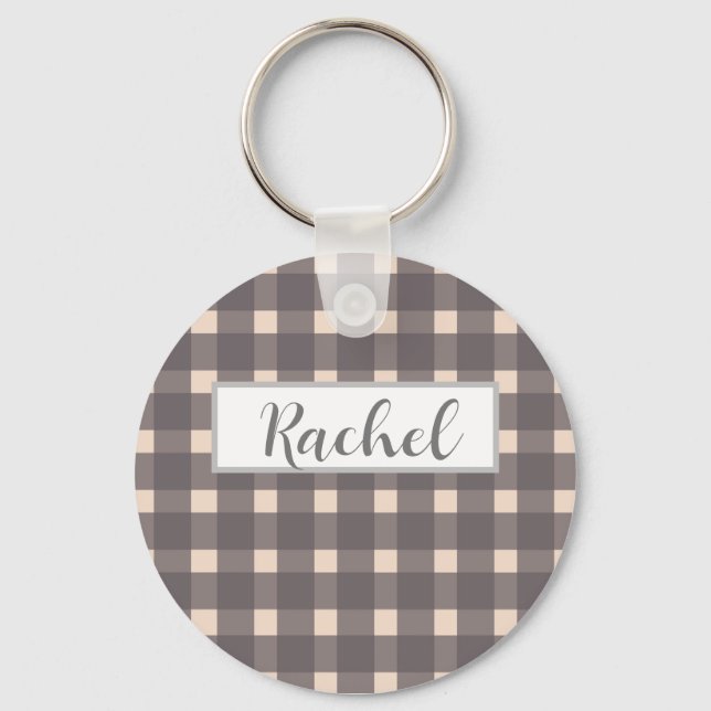 Pink Gray Gingham Personalized Keychain (Front)