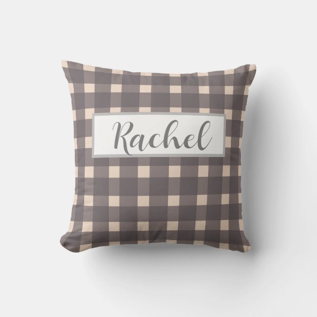 Pink Gray Gingham Personalized  Throw Pillow (Front)