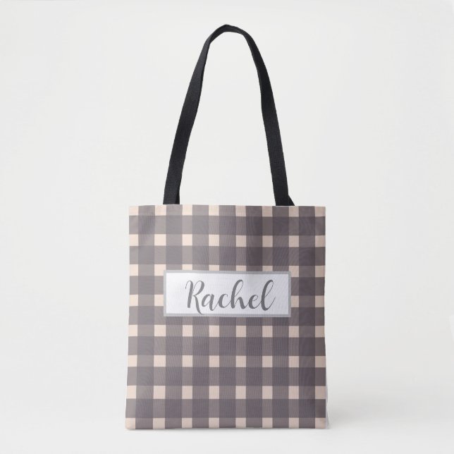 Pink Gray Gingham Personalized Tote Bag (Front)