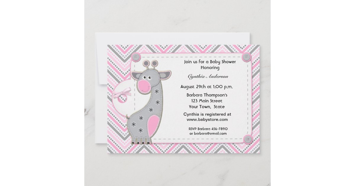 Pink Gray Giraffe Chevron Baby Shower Invitation | Zazzle