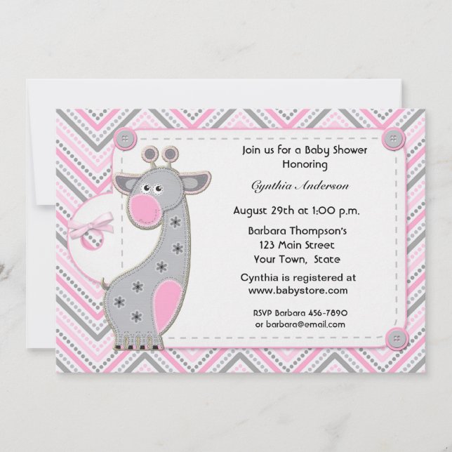 Pink Gray Giraffe Chevron Baby Shower Invitation (Front)