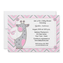 Pink Gray Giraffe Chevron Baby Shower Invitation