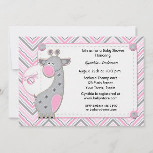 Pink Gray Giraffe Chevron Baby Shower Invitation