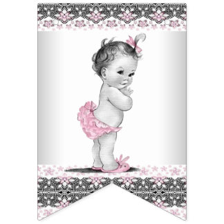 Pink Gray Girl Baby Shower Bunting Flags