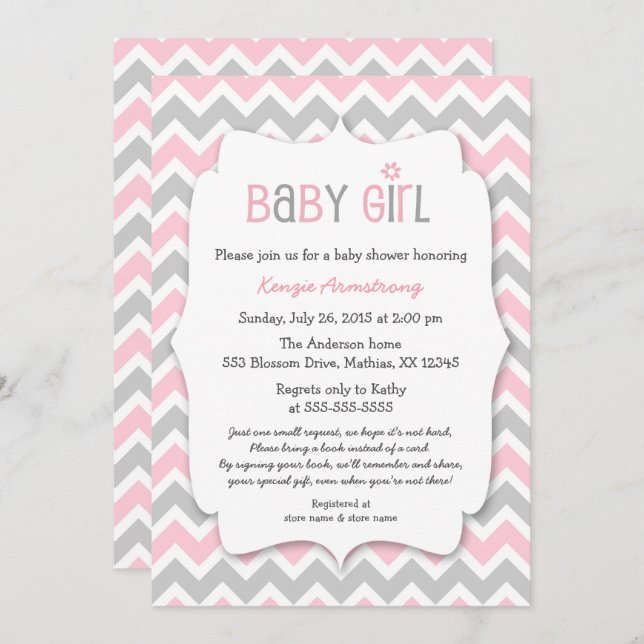 Pink Gray Girl Baby Shower Invites bring a book (Front/Back)
