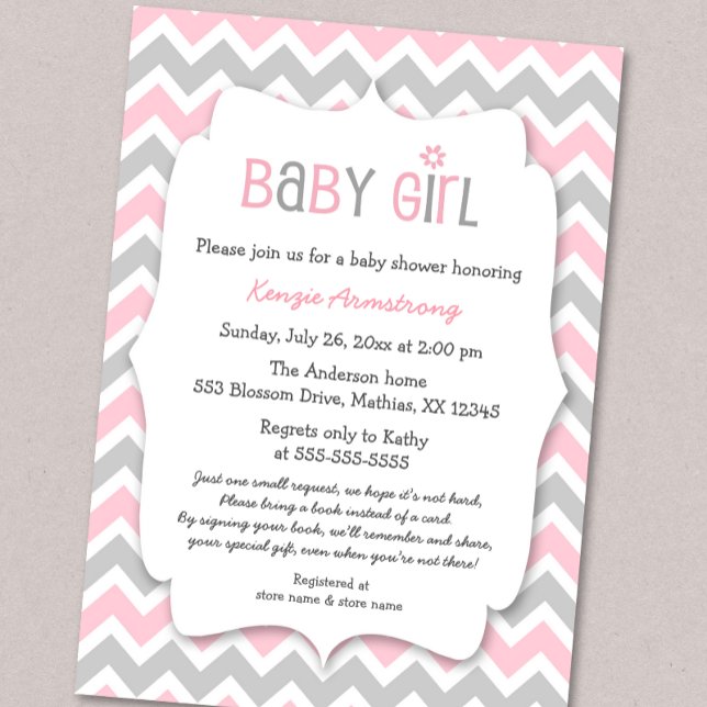 Pink Gray Girl Baby Shower Invites bring a book (Creator Uploaded)