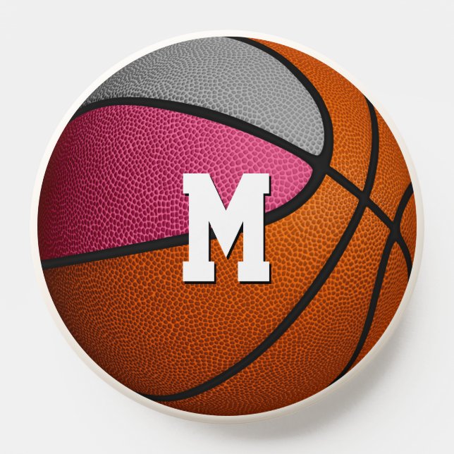 pink gray girls basketball monogrammed PopSocket (Popsocket)