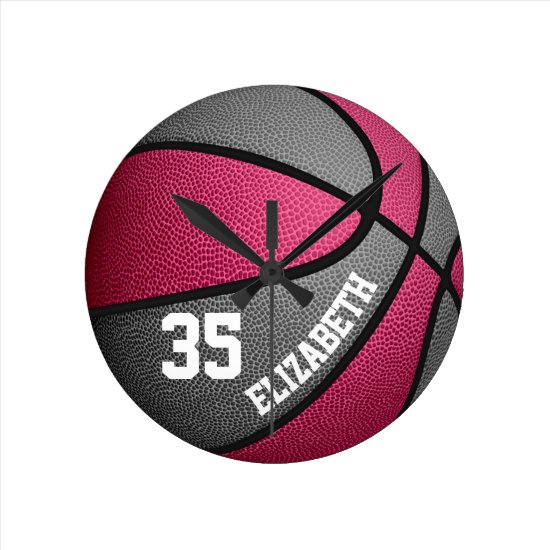 pink gray girls basketball personalized round clock