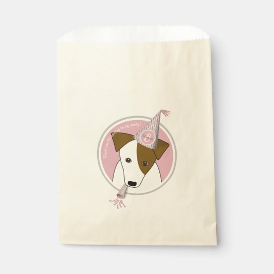 pink gray girl's birthday party dog wearing hat favor bag