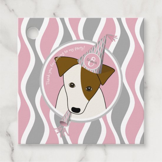 pink gray girl's birthday party dog wearing hat favor tags