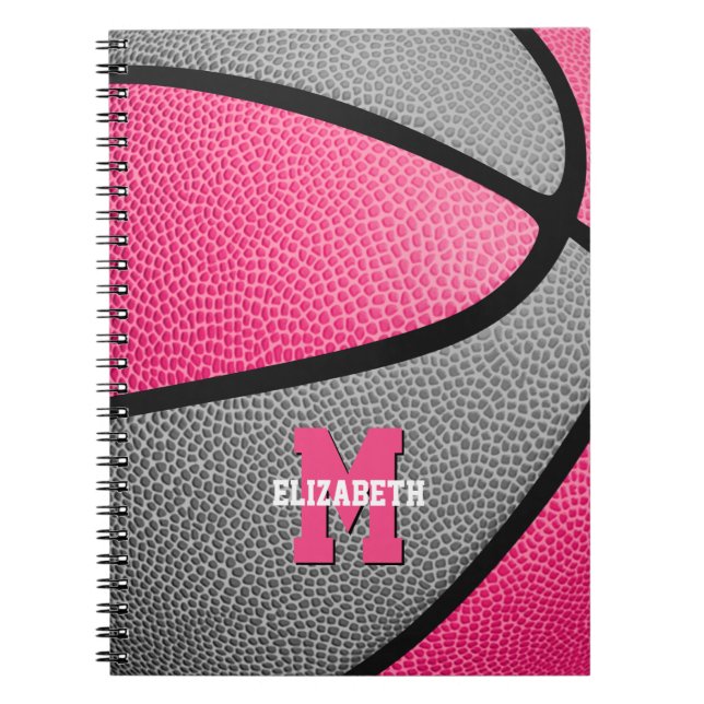 pink gray girls monogrammed basketball notebook (Front)