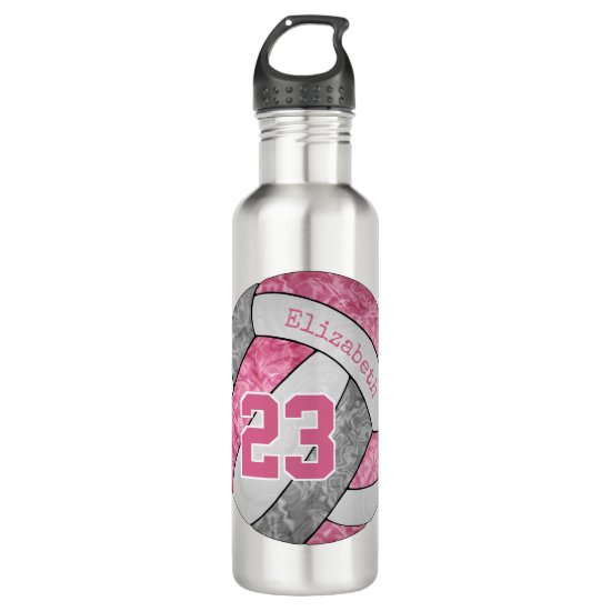 pink gray girls name jersey number volleyball stainless steel water bottle