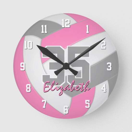 pink gray girls personalized volleyball round clock
