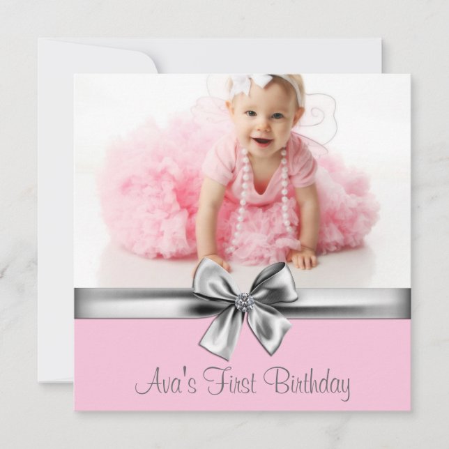 Pink Gray Girls Photo Birthday Party Invitation (Front)