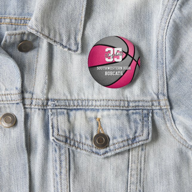 pink gray girl's sports basketball team name button (In Situ)