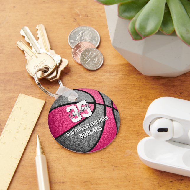 pink gray girl's sports basketball team name keychain (Desk)