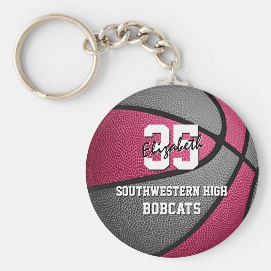 pink gray girl's sports gifts basketball team name keychain