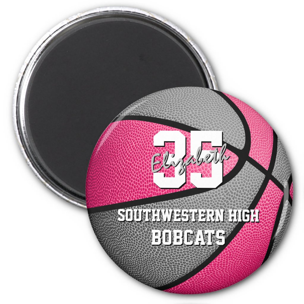 pink gray girl's sports gifts basketball team name magnet