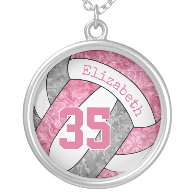 pink gray girls sports gifts volleyball silver plated necklace (Front)