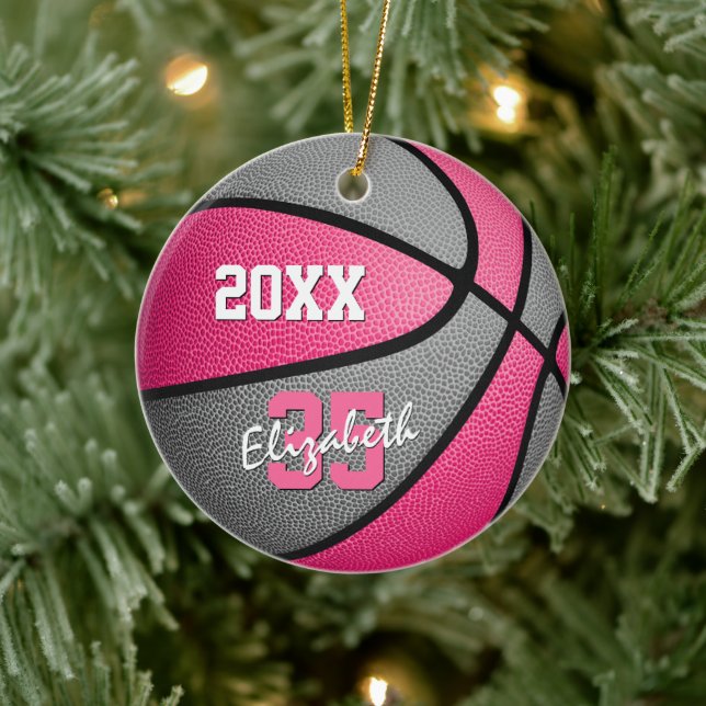 pink gray girls sports keepsake basketball ceramic ornament (Tree)