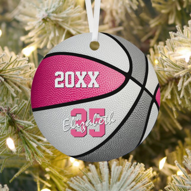 pink gray girls sports keepsake basketball metal ornament (Insitu)