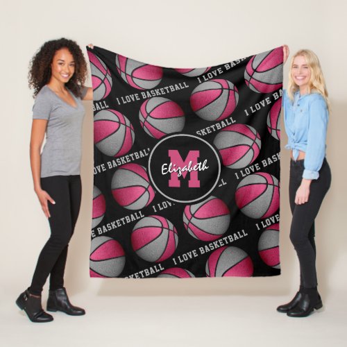 pink gray girls sports room I love basketball Fleece Blanket