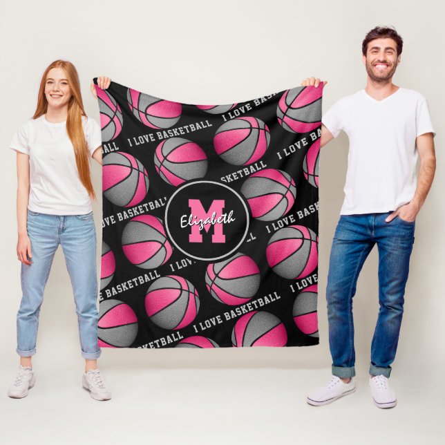 pink gray girls sports room I love basketball Fleece Blanket (In Situ)