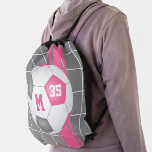 pink gray girls sporty monogrammed soccer drawstring bag