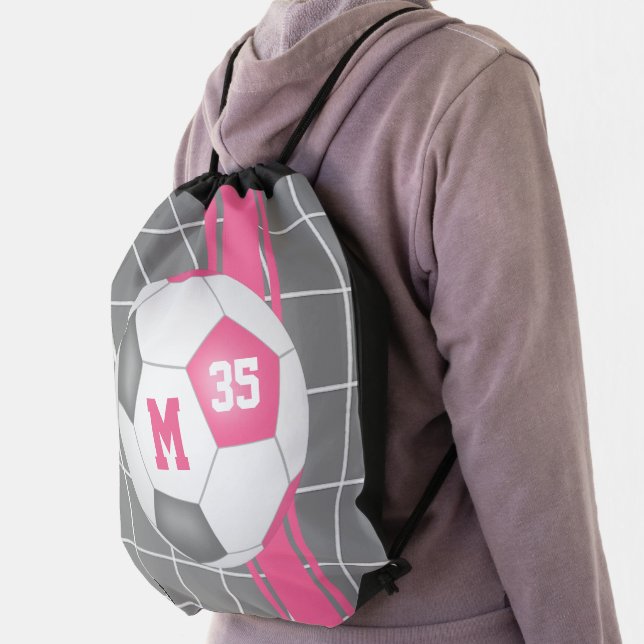 pink gray girls sporty monogrammed soccer drawstring bag (Insitu)