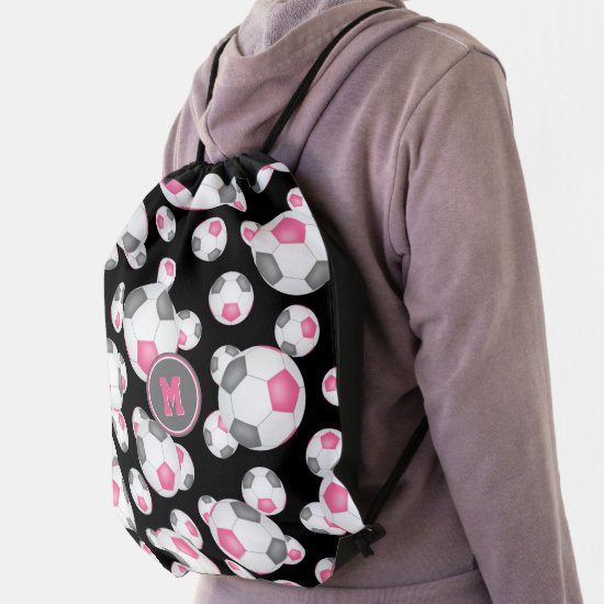 pink gray girls sporty monogrammed soccer drawstring bag