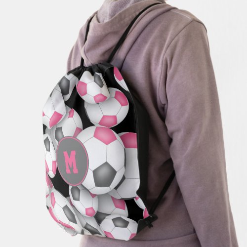 pink gray girls sporty monogrammed soccer drawstring bag