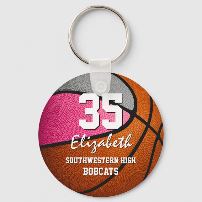 Pink gray girls team spirit basketball keychain (Front)