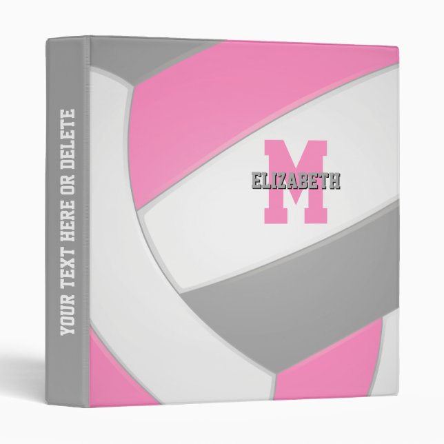 pink gray girls team sports volleyball 3 ring binder (Front/Spine)