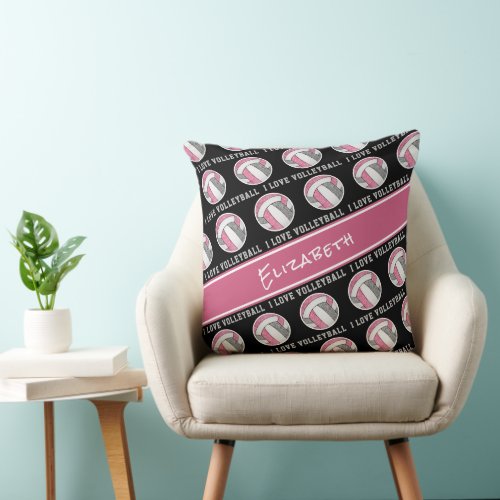 pink gray girly I love volleyball room decor Throw Pillow