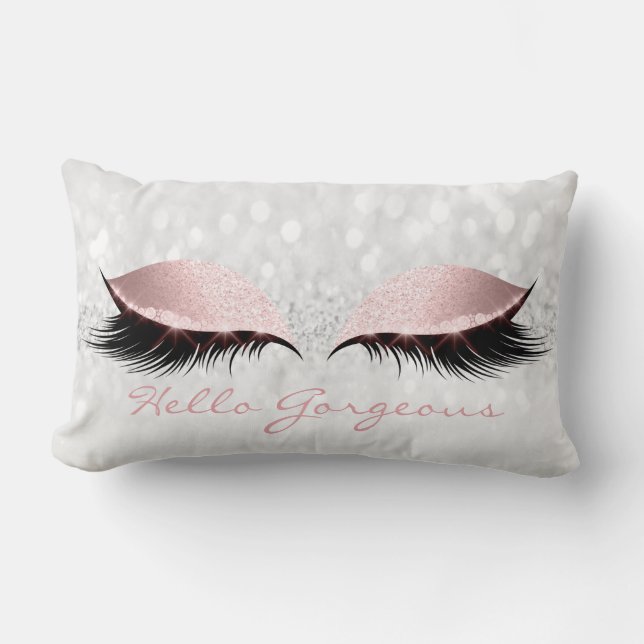 Pink Gray Girly Makeup Lashes Hello Gorgeous Lumbar Pillow (Front)