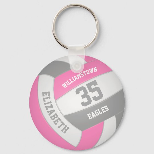 pink gray girly personalized team name volleyball keychain