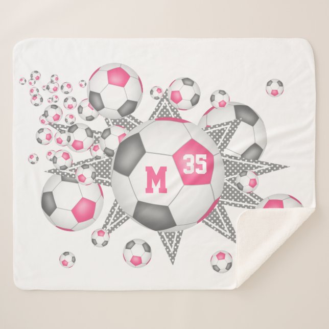 pink gray girly soccer ball blowout sports decor sherpa blanket (Front (Horizontal))