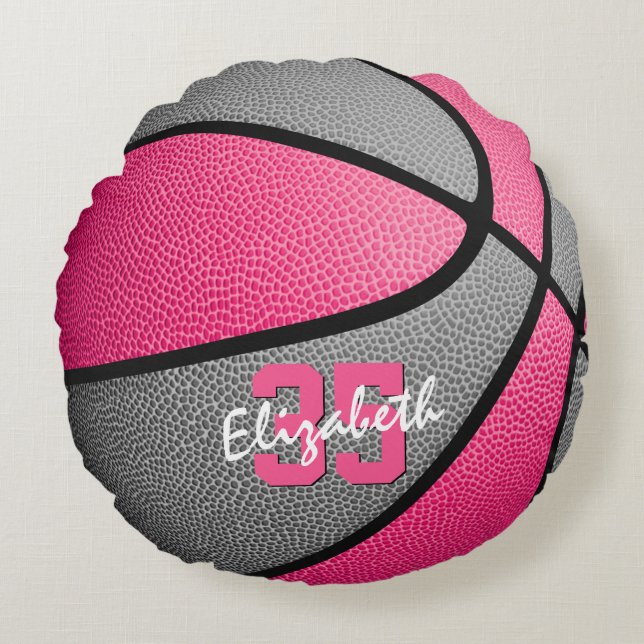 pink gray girly sports personalized basketball round pillow (Front)
