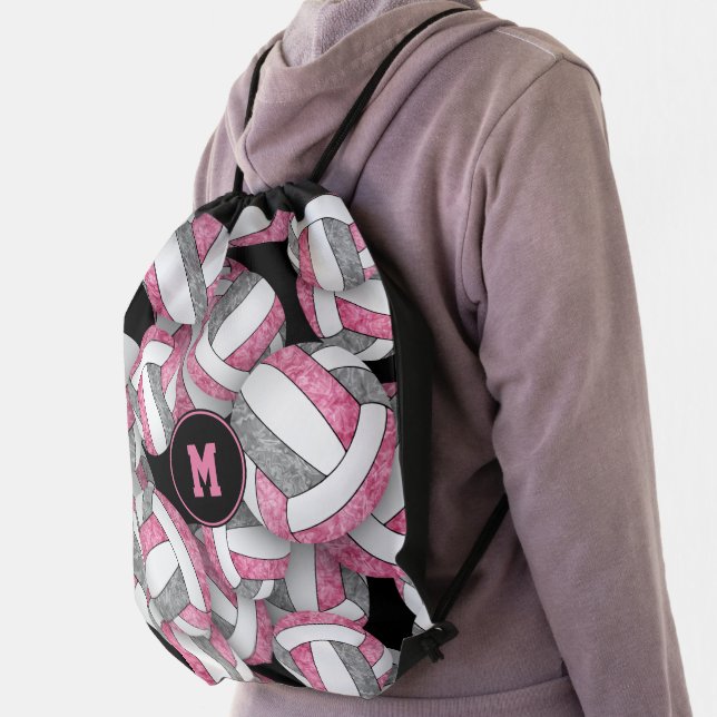 pink gray girly sports volleyballs pattern drawstring bag (Insitu)