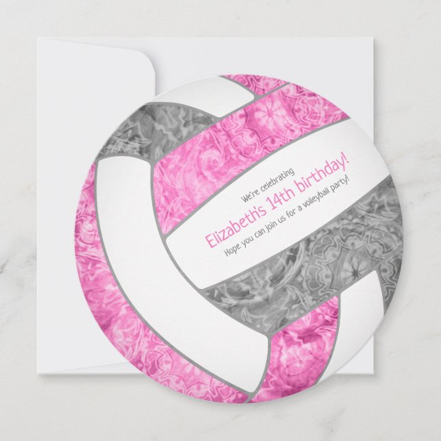 pink gray girly volleyball birthday party announcement (Front)