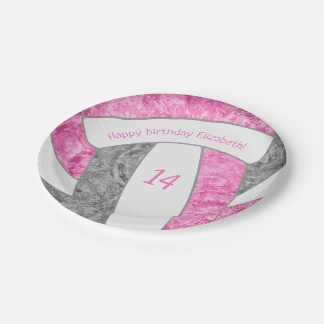 pink gray girly volleyball birthday party paper plates (Angled)