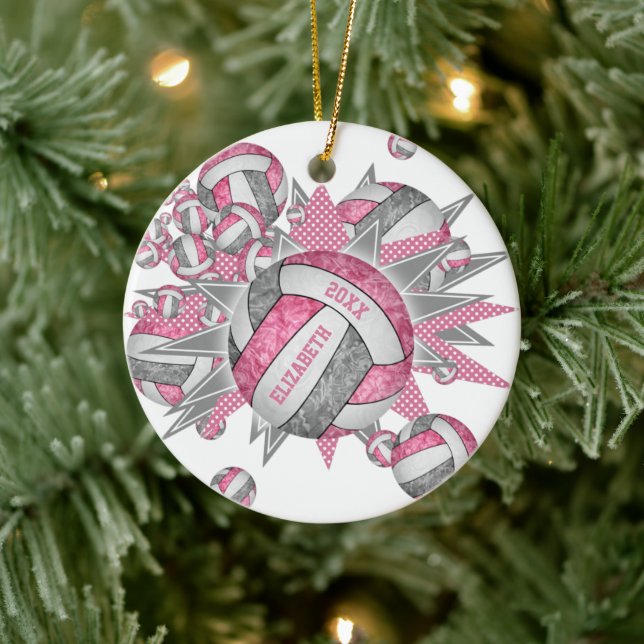pink gray girly volleyball blowout sports ceramic ornament (Tree)