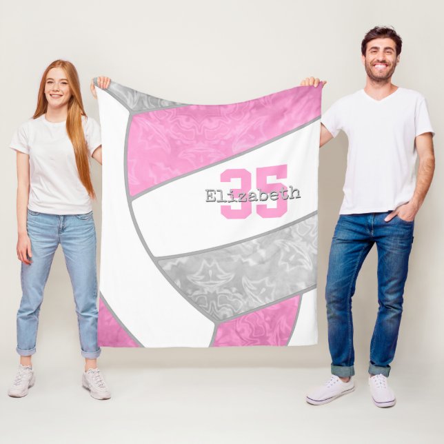 pink gray girly volleyball w athlete custom name fleece blanket (In Situ)