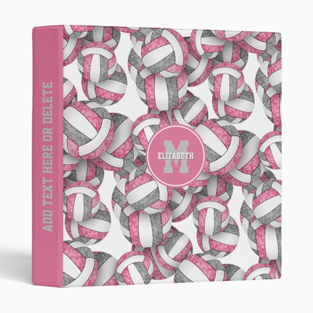 pink gray girly volleyballs pattern sporty 3 ring binder (Front/Spine)