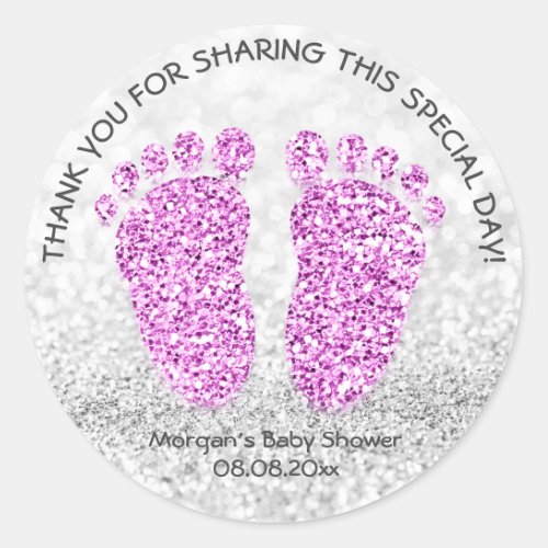 Pink Gray Glitter Feet Baby Shower Favor Thank You Classic Round Sticker