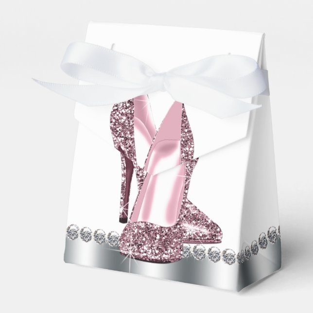 Pink Gray Glitter High Heel Shoe Favor Boxes (Front Side)