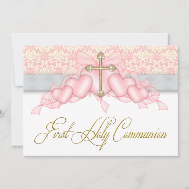 Pink Gray Gold Cross Girls Pink First Communion Invitation (Front)